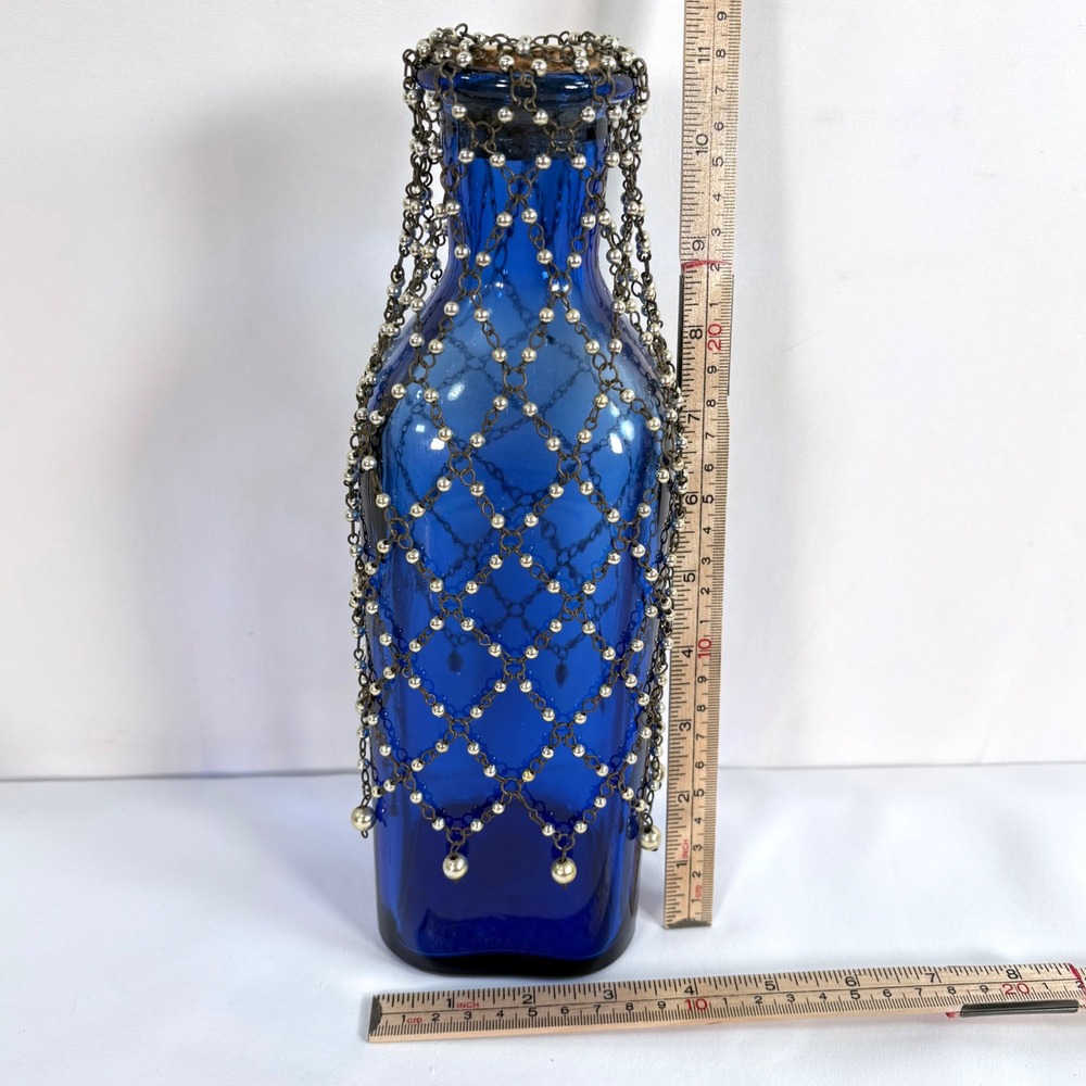 Vintage Bottle Cobalt Blue Recycled Glass Cork Decorative Chain Net Made Spain - Picture 8 of 8